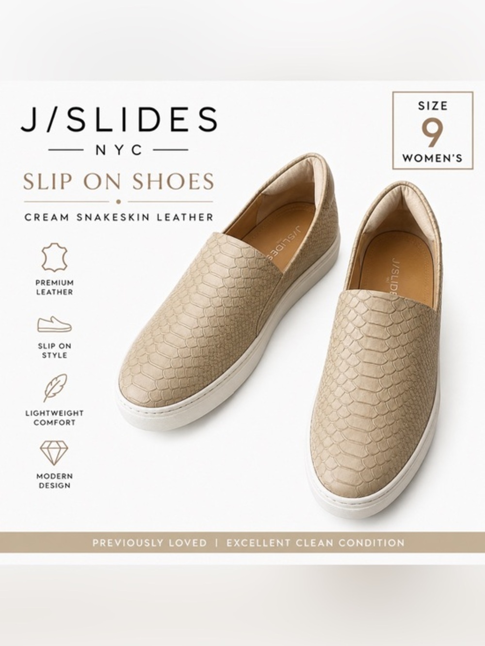 J/Slides NYC Cream Snakeskin Leather Slip On Sneakers | Women’s Size 9